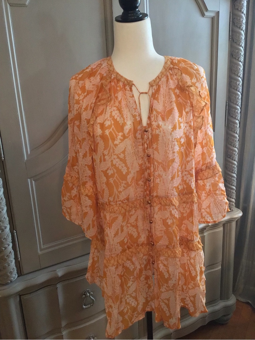 Anthropologie Orange Floral Tie-Neck Sheer Tiered Tunic